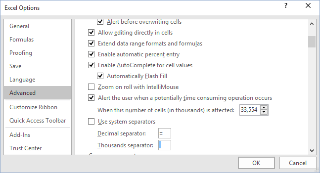 Change The Decimal Point To A Comma Or Vice Versa Microsoft Excel 2016