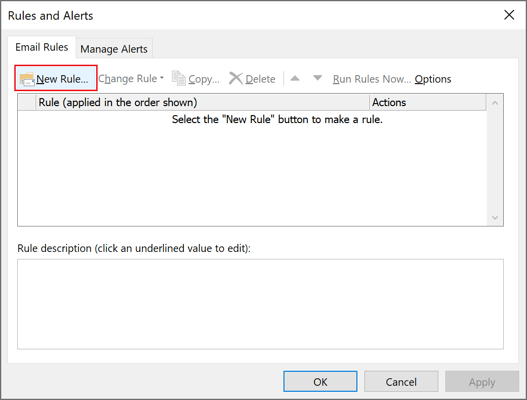 Manage Rules and Alerts button in Outlook 365