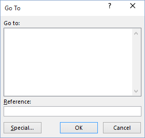 Go To dilog box in Excel 2016