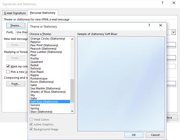 Theme or Stationary dialog dox in Outlook 2016