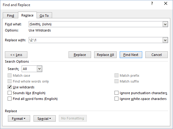 microsoft word find and replace wildcard