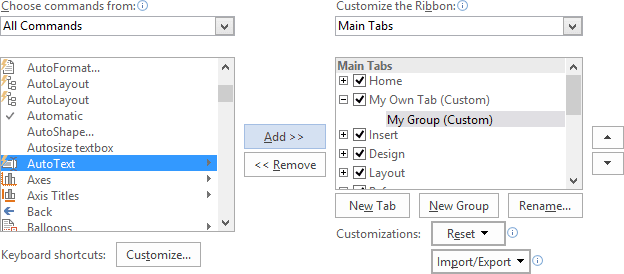 Add command in the group in Word 2016