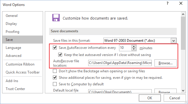 where are autorecover files saved word 2016