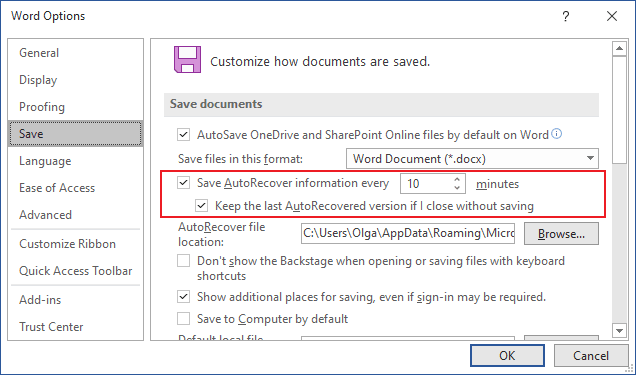 Save AutoRecover Word 365