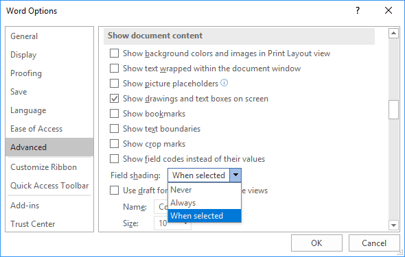 Options Advanced in Word 2016