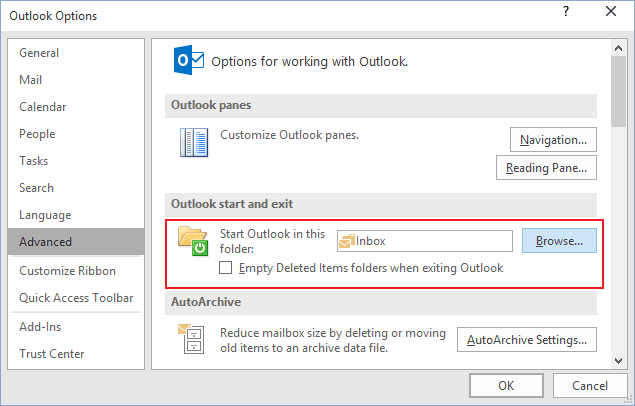 Outlook start in Outlook 2016