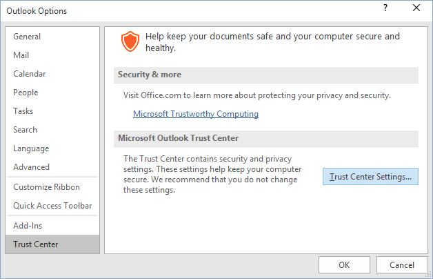 Trust Center in Outlook 2016