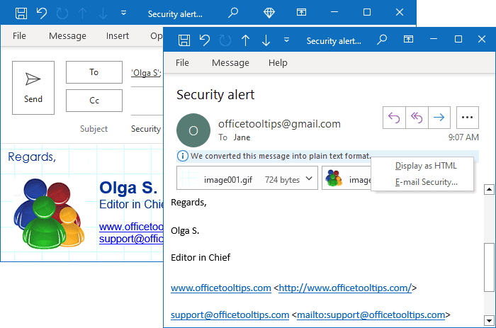 outlook 365 mail plain text or html