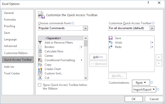 excel 2016 quick access toolbar