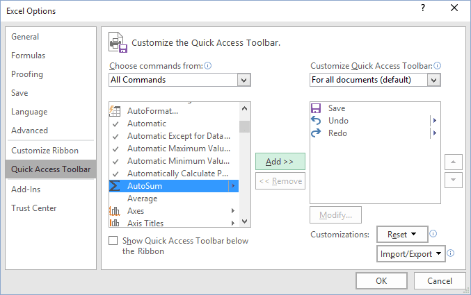 excel 2016 quick access toolbar close command