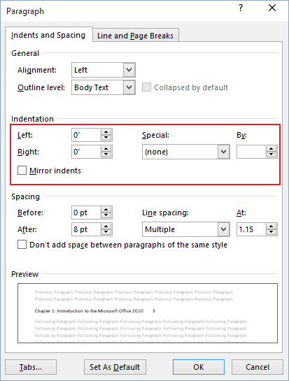 shortcut decrease indent word 2016