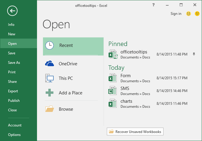 Open in Excel 2016