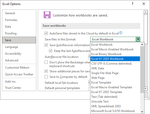 Save AutoRecover information in Excel 365