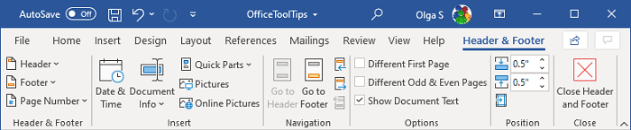 ms word 2016 header and footer not visible