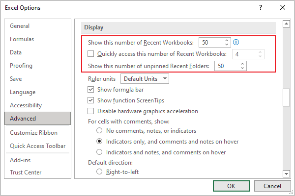 Advanced Excel 365 Options