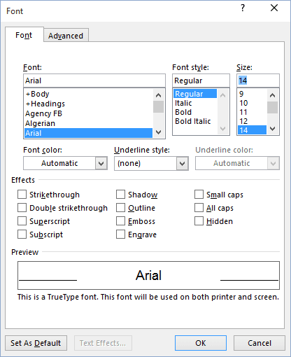 the default font in word