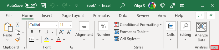 Minimize Ribbon button Excel 365