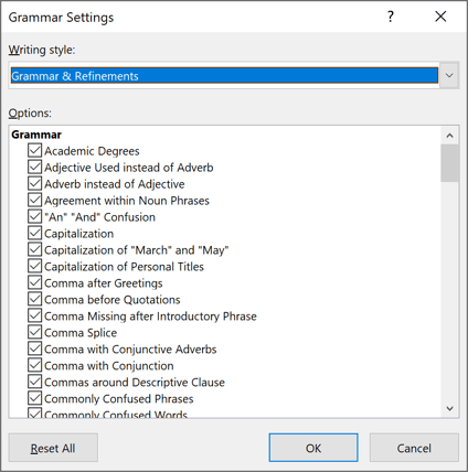 Grammar Settings in Word 2016