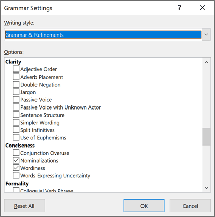 Clarity in Grammar Settings Word 2016