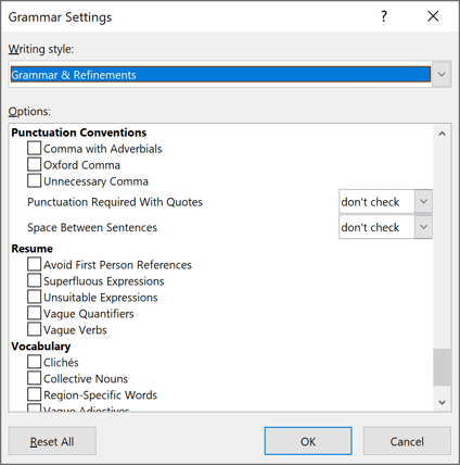 Punctuation Conventions, Resume and Vocabulary in Grammar Settings Word 2016