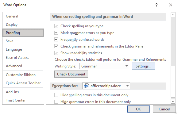 Choose Settings For Checking Grammar Microsoft Word 365