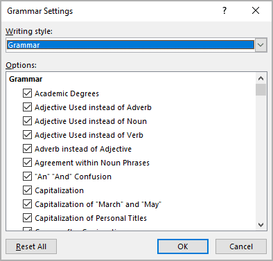 Grammar Settings in Word 365