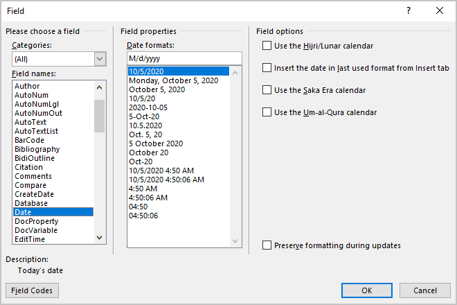 make date automatically update microsoft word