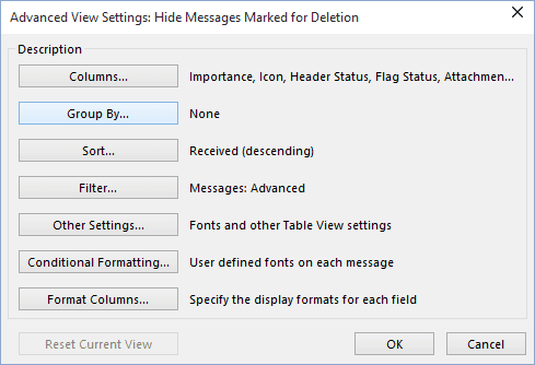 Advanced View Settings in Outlook 2016