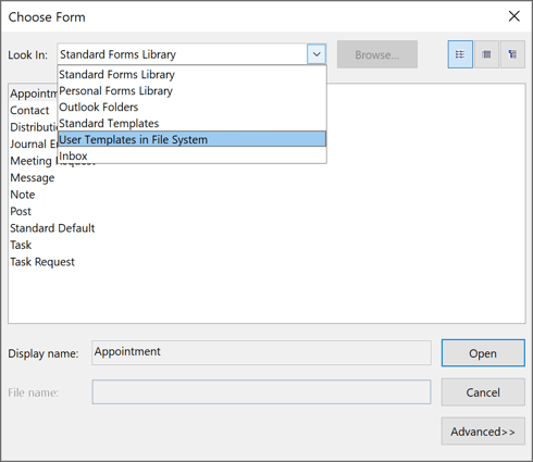 Choose template in Outlook 365