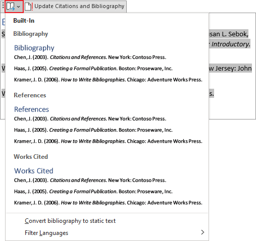 update the bibliography in word 365