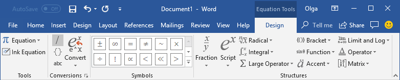 how to insert equation in word 2016