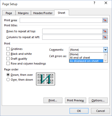 Page Setup dialog box in Excel 2016