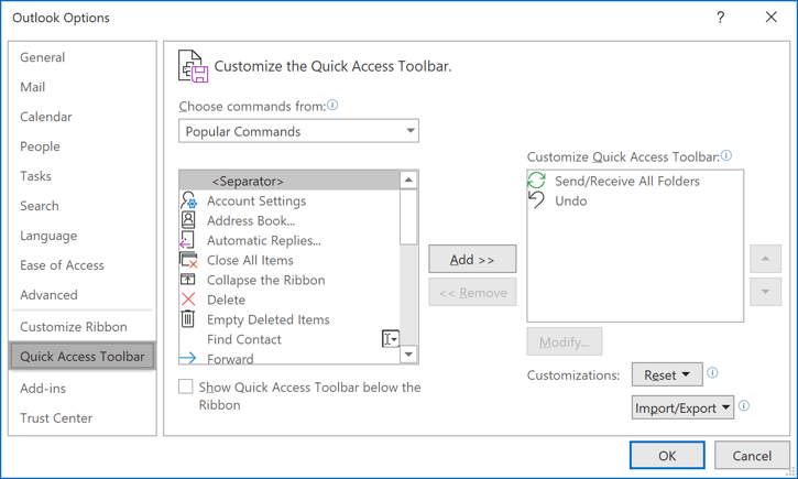 cannot customize quick access toolbar outlook