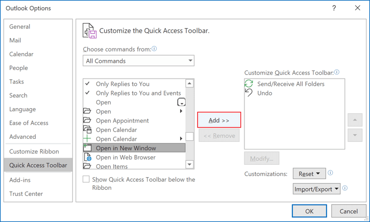 Adding commands to the Quick Access Toolbar - Microsoft Outlook 365