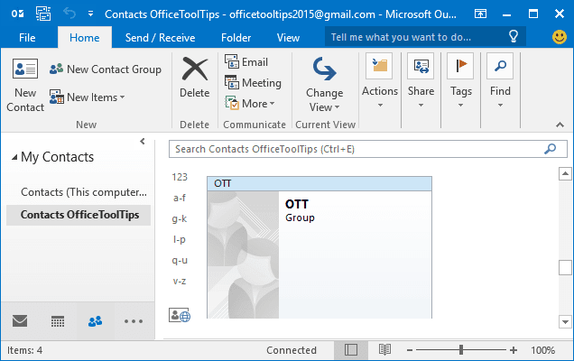 where is main contact list outlook 2016