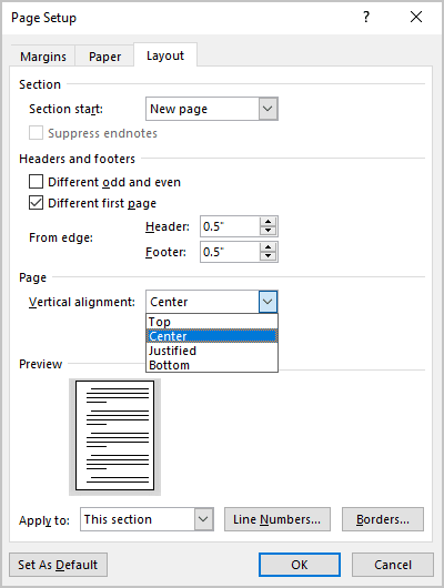 vertically align page in word 2013 for mac