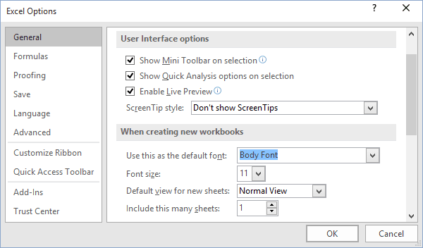 excel mac save default font size for workbook