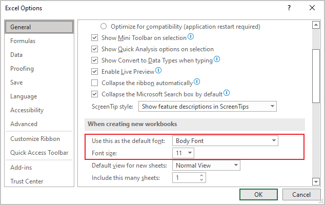 Default font options in Excel 365