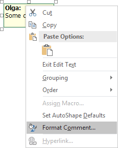 Comment popup in Excel 2016