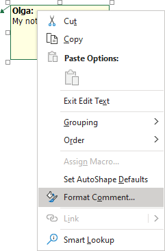 Comment popup in Excel 365