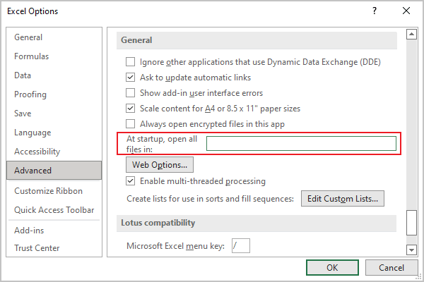 Start Up Location in Excel 365