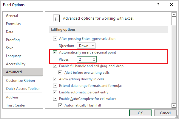 Excel 365 decimal point options