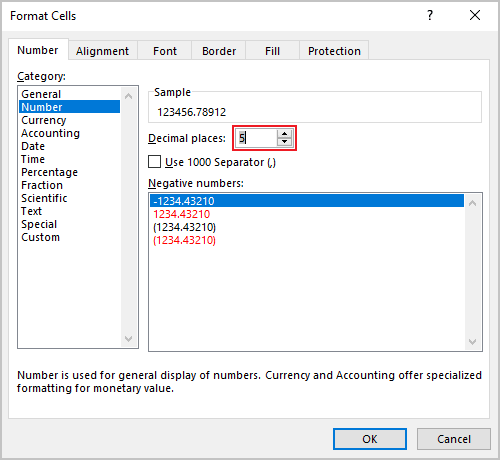 Decimal places for Number formats in Excel 365