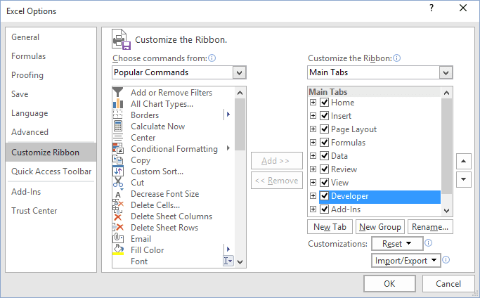 how to show developer tab in excel 2010