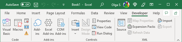 developer tab excel online