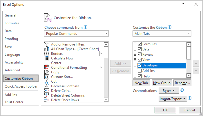 add developer vba in excel 2016