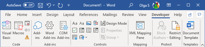 add developer tab word 2016