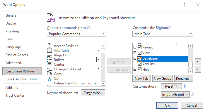 activate developer tab in word