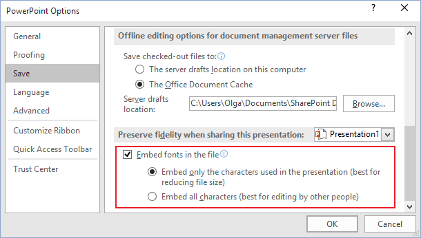 Embed fonts in PowerPoint 2016