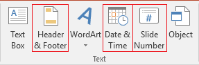 Header and Footer button in PowerPoint 2016